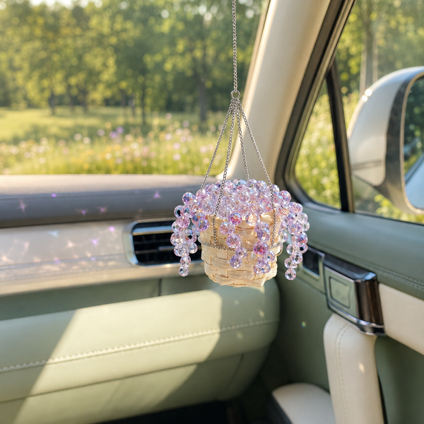 Purple beaded plant car charm sparkling in sunlight