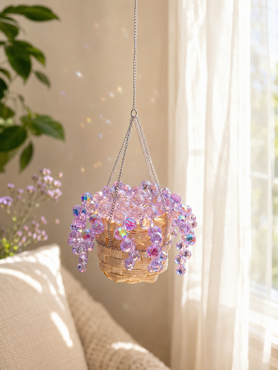 Purple beaded hanging plant in a cozy reading nook