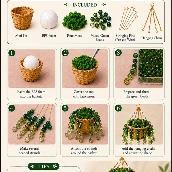 Beginner-friendly instructions for the classic green beaded hanging plant DIY kit